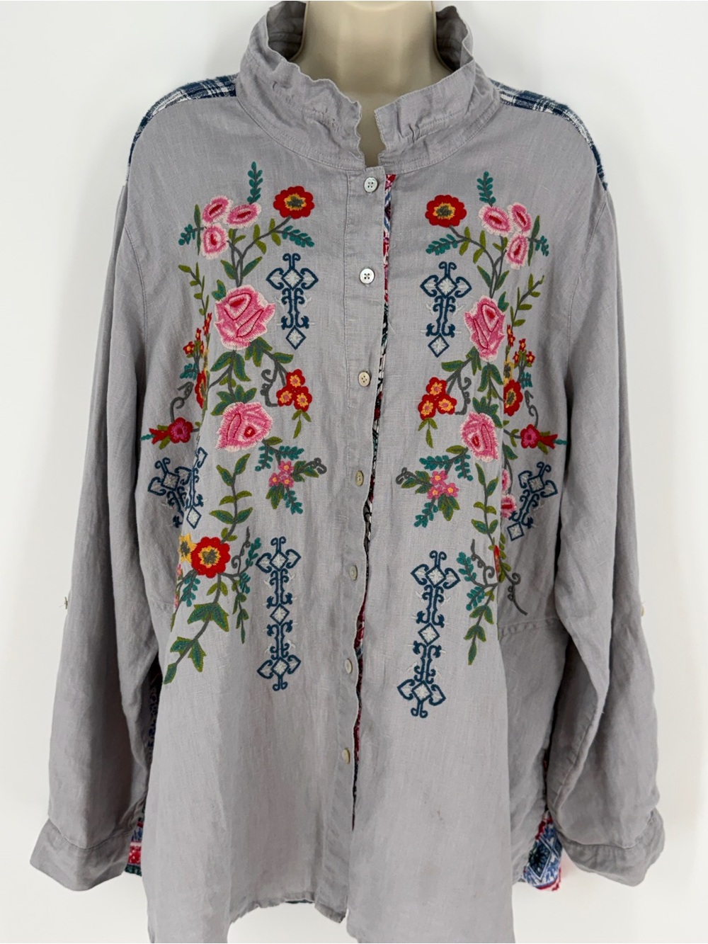 John Mark Linen Embroidered Floral Patchwork Tunic Shirt Boho Cottagecore XL - Picture 6 of 15